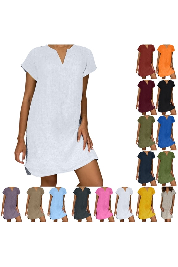 haozzaw Women's Summer Plus Size V-Neck Short Sleeve Mini Dress Casual Loose Pleated Short Dress Women's Trendy Beach Dress Sundress White XXL