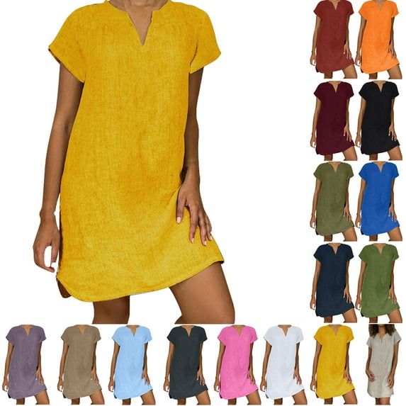 haozzaw Women's Summer Plus Size V-Neck Short Sleeve Mini Dress Casual Loose Pleated Short Dress Women's Trendy Beach Dress Sundress Yellow S