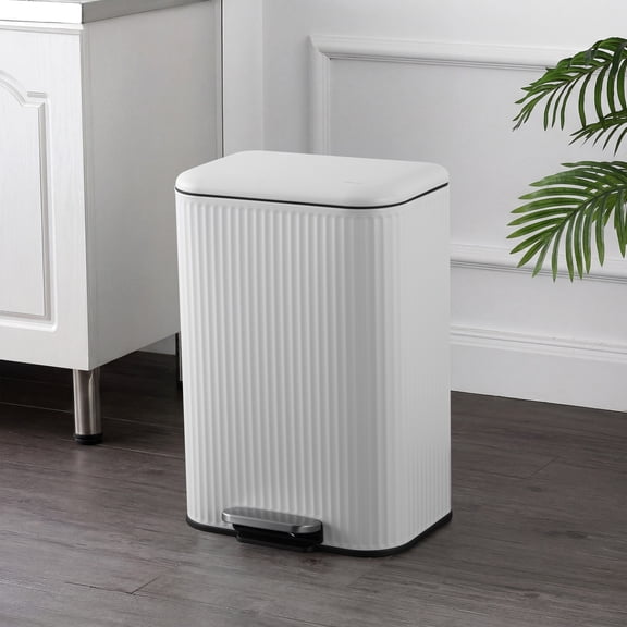 happimess 13.2-Gallon 50 Liter Cotton White Ribbed Rectangular Iron Trash Can with Soft-Close Lid, Hands-Free Step Pedal and Removable Inner Bucket HPM1020D