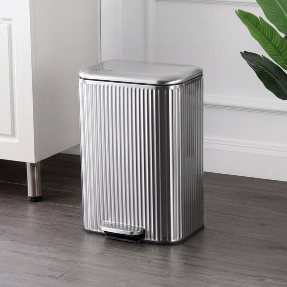 happimess 13.2-Gallon 50 Liter Platinum Silver Ribbed Rectangular Stainless Steel Trash Can with Soft-Close Lid, Hands-Free Step Pedal and Removable Inner Bucket HPM1020A