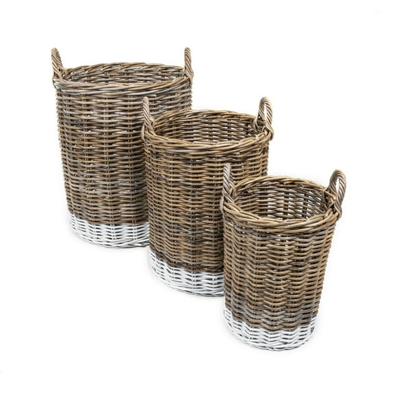 happimess Ternion Cottage Hand-Woven Rattan Nesting Baskets with Handles, Kubu Gray/White (Set of 3), BSK1000A-3SET