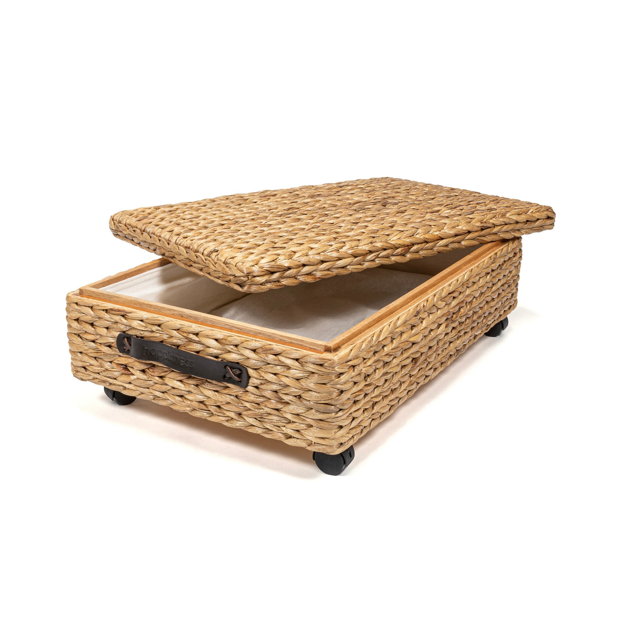 Natural Hand-Woven Hyacinth and Wood Underbed Storage Bin with Wheels
