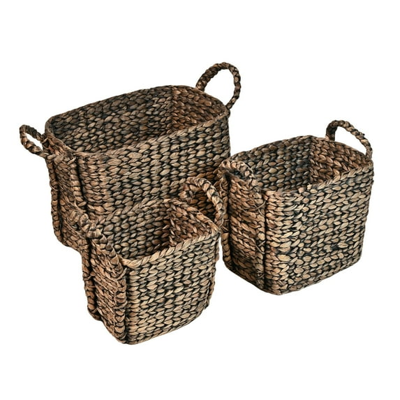 happimess BSK2001B-3SET Clara Farmhouse Classic Handwoven Hyacinth Rectangle Storage Floor Baskets with Handles, Brown (Set of 3)