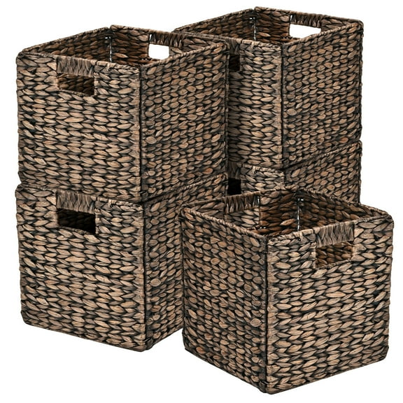 happimess BSK2004B-SET5 Bryce 10.63" Classic Farmhouse Handwoven Hyacinth Collapsible Storage Cube Baskets with Handles, Brown (Set of 5)