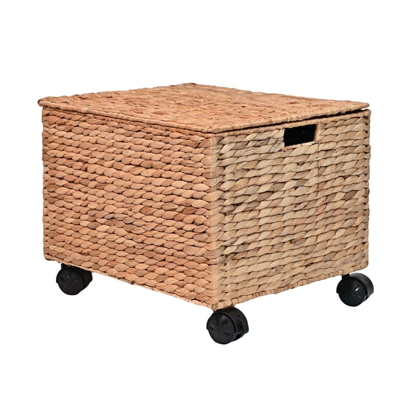 happimess BSK2005A Ashton 18.11" Classic Farmhouse Handwoven Hyacinth Rolling Filing Basket with Lid and 360 Degree Lockable Wheels, Natural