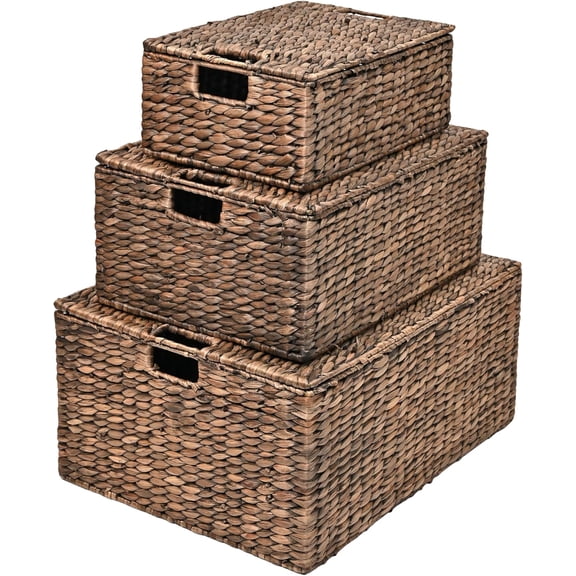 happimess BSK2006B-3SET Brooks Classic Farmhouse Woven Hyacinth Rectangular Wicker Storage Baskets with Lids and Handles, Brown (Set of 3), Seagrass Containers for Decoration in Living Room, Bedroom