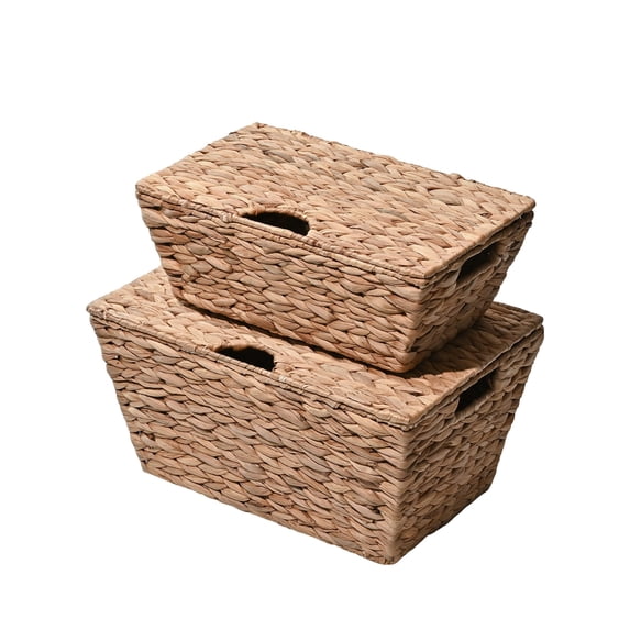 happimess BSK2007A-2SET Wilder Classic Farmhouse Woven Hyacinth Rectangular Storage Baskets with Lids and Handles, Natural (Set of 2)