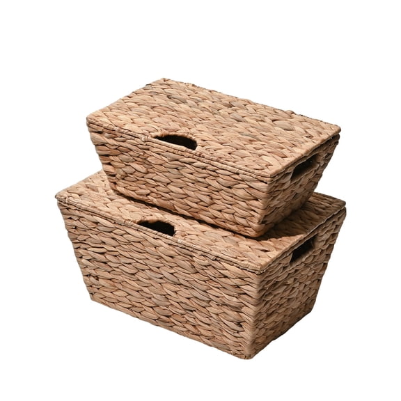 happimess BSK2007A-2SET Wilder Classic Farmhouse Woven Hyacinth Rectangular Storage Baskets with Lids and Handles, Natural (Set of 2)
