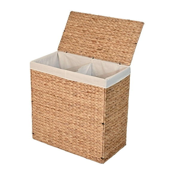 happimess BSK2009A Sawyer 24" Classic Farmhouse Handwoven Hyacinth 2-Section Collapsible Laundry Hamper with Washable Liner, Handles, and Lid, Natural