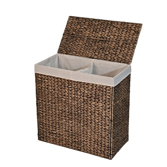 happimess BSK2009B Sawyer 24" Classic Farmhouse Handwoven Hyacinth 2-Section Collapsible Laundry Hamper with Washable Liner, Handles, and Lid, Brown