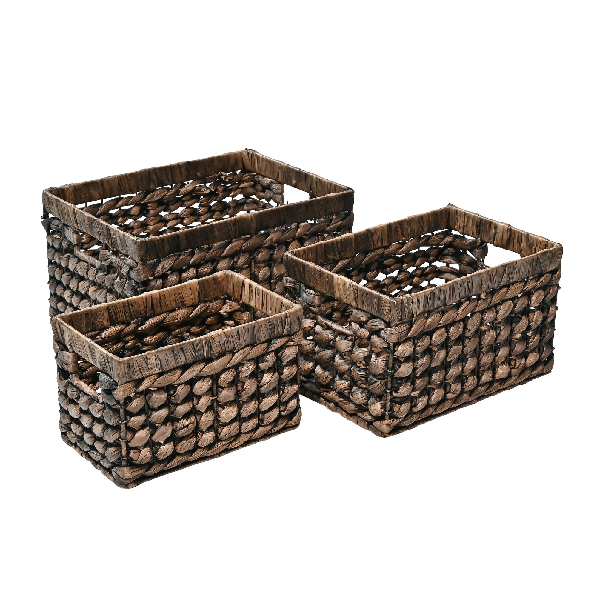 Handwoven Brown Water Hyacinth Rectangular Storage Baskets with Cut-Out Handles
