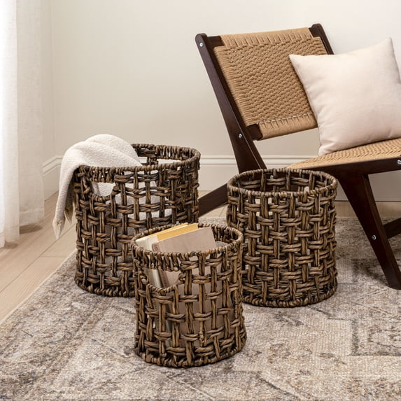 happimess BSK2033B-3SET Lasuna Coastal Bohemian Water Hyacinth Handwoven Checker Weave Nesting Baskets with Handles, Brown (Set of 3)