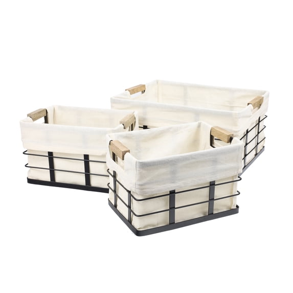 happimess BSK3002A-3SET Callan Vintage Industrial Handmade Wire Metal Nesting Storage Baskets with Wood Handles and Fabric Liner, Black (Set of 3)