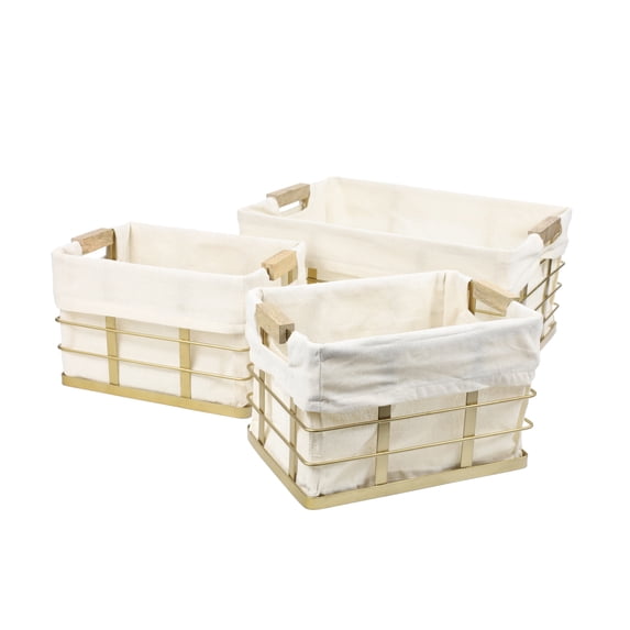 happimess BSK3002D-3SET Callan Vintage Industrial Handmade Wire Metal Nesting Storage Baskets with Wood Handles and Fabric Liner, Gold (Set of 3)