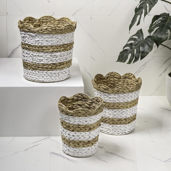 happimess Calvin Bohemian Farmhouse Handwoven Water Hyacinth Scalloped Edge Nesting Baskets, White/Natural (Set of 3)