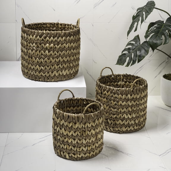 happimess Cassia Coastal Farmhouse Handwoven Two-Tone Water Hyacinth Nesting Storage Baskets with Handles, Brown/Natural (Set of 3)
