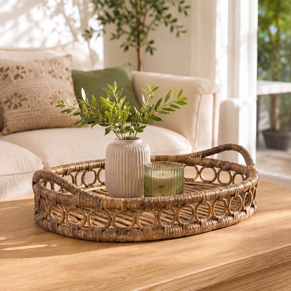 happimess Cassini Handcrafted Rattan Oval Serving Tray with Geometric Loop Ring Design Slat Base and Handles, 17.5" x 13.5", Gray for Coastal Bohemian Decor TRY1004C