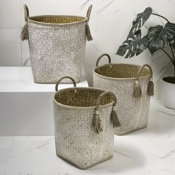 happimess Celia Rustic Coastal Handwoven Palm Leaf Nesting Storage Baskets with Rope Handles, Natural/White (Set of 3)