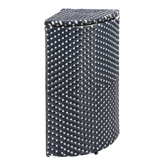 happimess Chloe 15.56-Gallon All-Weather Wicker/Metal Corner Hideaway Outdoor Trash Can for Package Delivery, Patio Furniture, Cushions, Gardening Tools, Pool Supplies, Navy/White, HPM1200B