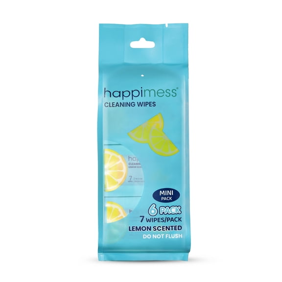 happimess Compact Travel All-Purpose Multi Surface Heavy Duty Wipes, Bleach Free, Extra Strong, Super Moist, Tough on Messes, Fresh Lemon Scent (6 Pack, 42 Count)