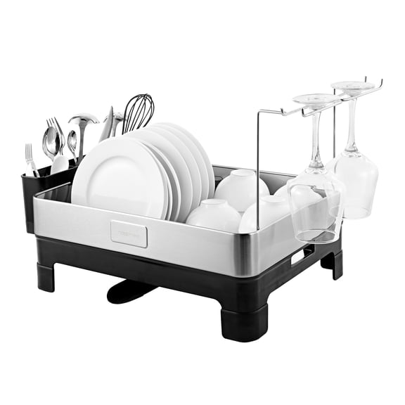 happimess DSH1003A Concerto 20.5" Fingerprint-Proof Stainless Steel Dish Drying Rack with Swivel Spout Tray and Wine Glass Holder, Stainless Steel/Black