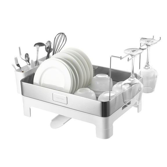 happimess DSH1003B Concerto 20.5" Fingerprint-Proof Stainless Steel Dish Drying Rack with Swivel Spout Tray and Wine Glass Holder, Stainless Steel/White