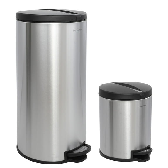 happimess Oscar Round 8-Gallon Step-Open Trash Can with FREE Mini Trash Can, Platinum Silver, HPM1003B