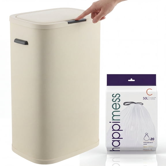 happimess Tammi Kitchen 14.5-Gallon Slim Metal Push Button Trash Can, Limestone Beige, HPM1017D