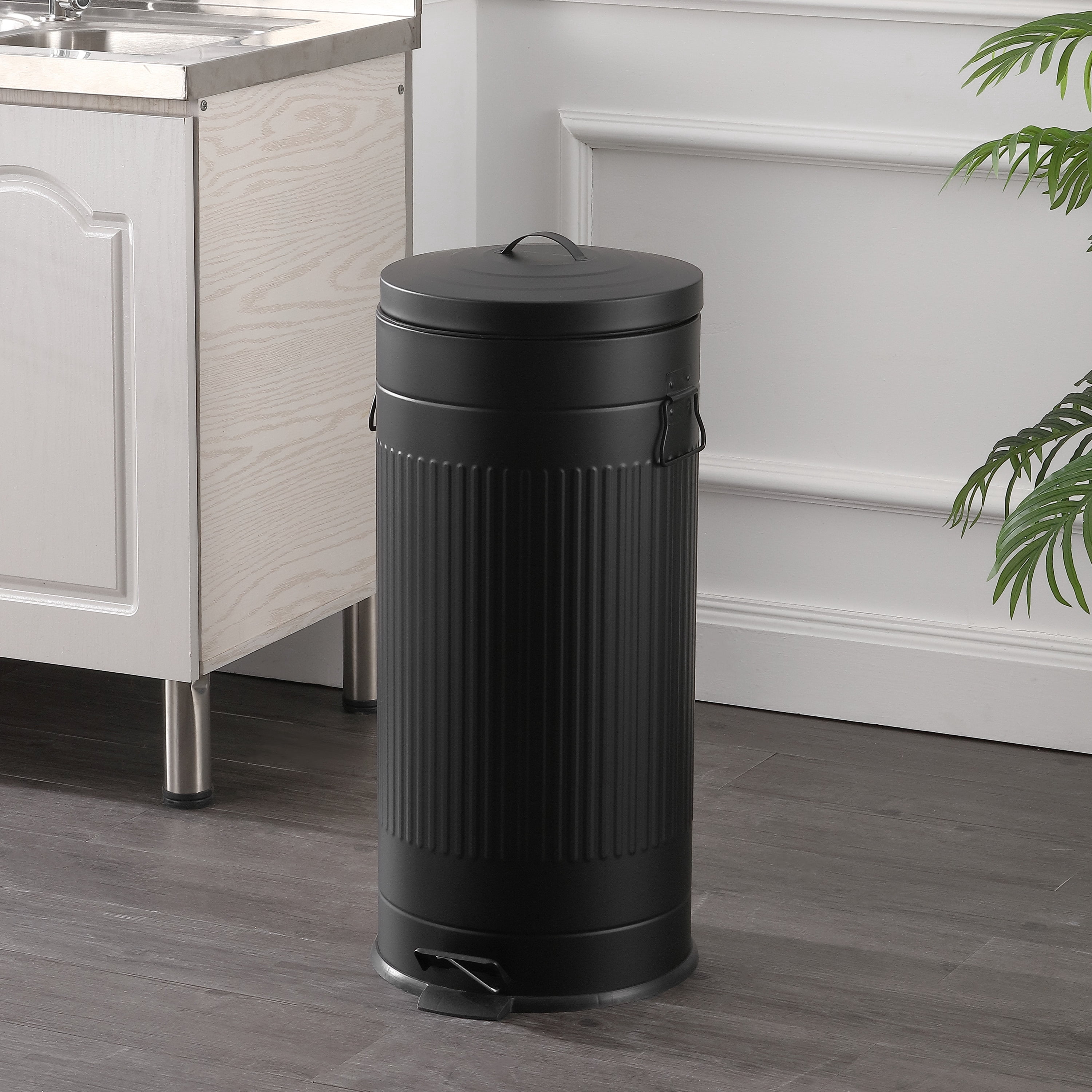happimess Theo Retro 8-Gallon Step Trash Can with Soft-Close Lid and FREE Mini Trash Can, Charcoal Black, HPM1018B