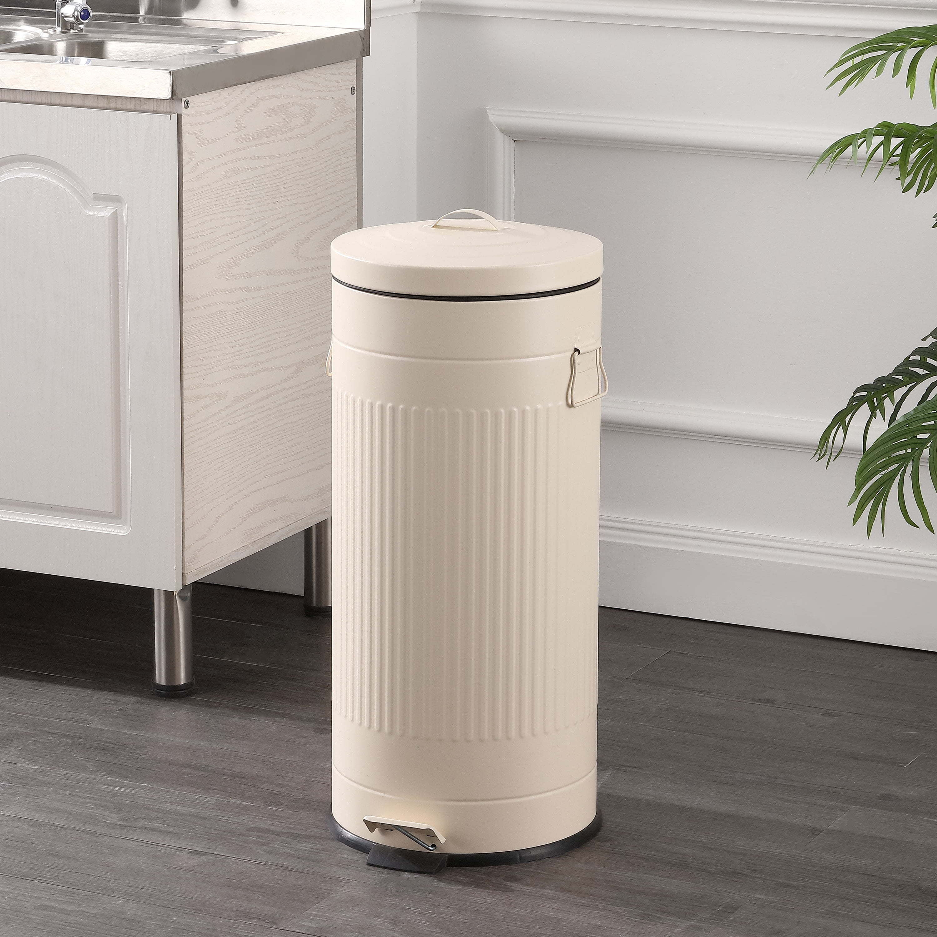 happimess Theo Retro 8-Gallon Step Trash Can with Soft-Close Lid and FREE Mini Trash Can, Limestone Beige, HPM1018C
