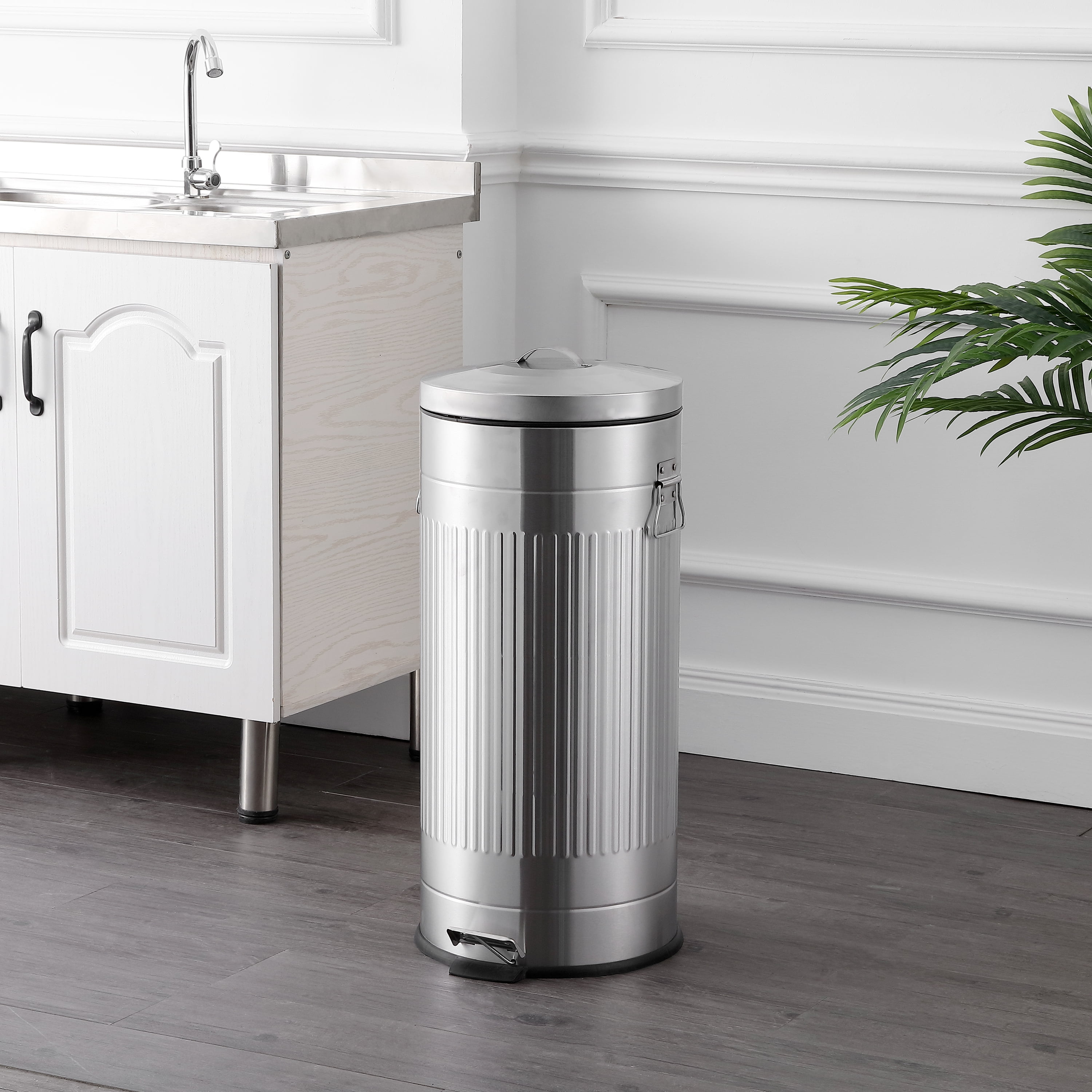 happimess Theo Retro 8-Gallon Step Trash Can with Soft-Close Lid and FREE Mini Trash Can, Platinum Silver, HPM1018E