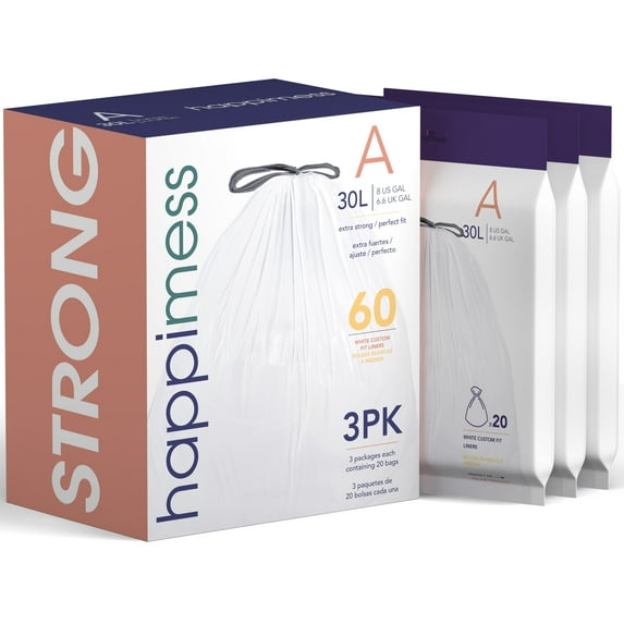 happimess 8-Gallon (30L) Drawstring Unscented Trash Can Liner, White (60-Count, 3-Packs of 20 Liners), HPM3000A-WHITE