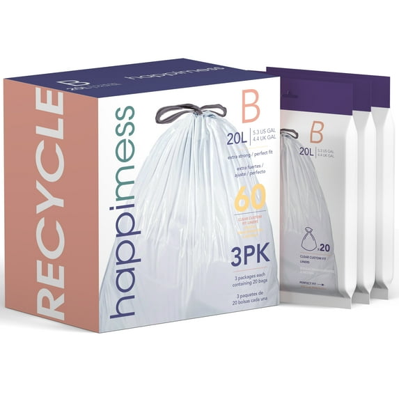 happimess HPM3000B-CLEAR 8-Gallon Drawstring Unscented Trash Can Liner, White (60-Count, 3-Packs of 20 Liners)