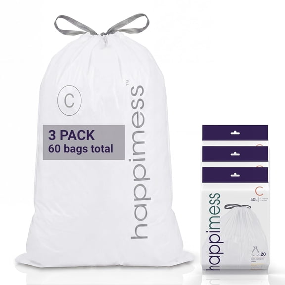 HPM3000C-WHITE 13.2 Gallon Kitchen Drawstring Trash Bags, Trash Can Liner, White, 60-Count, 3-Packs of 20 Liners