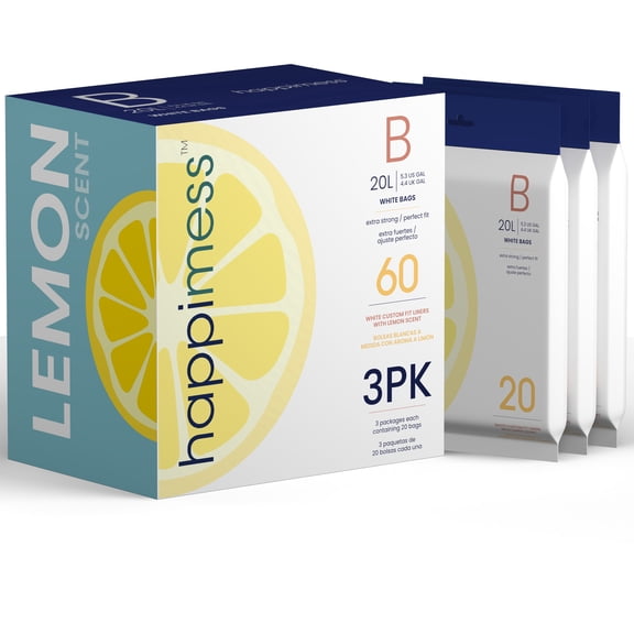 happimess 5.3-Gallon (20L) Lemon Scented Drawstring Trash Can Liner, White (60-Count, 3-Packs of 20 Liners), HPM3100B-WHITE