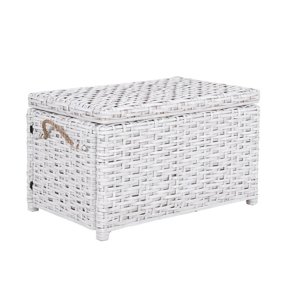 happimess Jacob 31.5" Hand-Woven Wicker Storage Trunk, Distressed White, HPM9003E