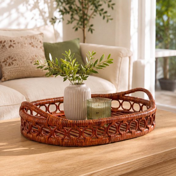 happimess Handcrafted Rattan Oval Serving Tray with Geometric Loop Ring Design Slat Base and Handles, 17.5" x 13.5", Auburn for Coastal Bohemian Decor TRY1004B