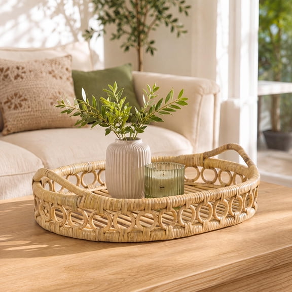 happimess Handcrafted Rattan Oval Serving Tray with Geometric Loop Ring Design Slat Base and Handles, 17.5" x 13.5", Natural for Coastal Bohemian Decor TRY1004A