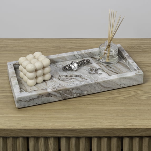 happimess Luxe Stone 12" x 6" Classic Minimalist Rectangular Marble Bathroom Countertop Tray, Beige, TRY4001D