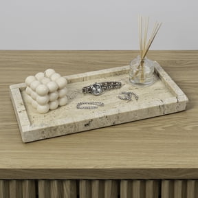 happimess Luxe Stone 12" x 6" Classic Minimalist Rectangular Marble Bathroom Countertop Tray, Travertine, TRY4001A