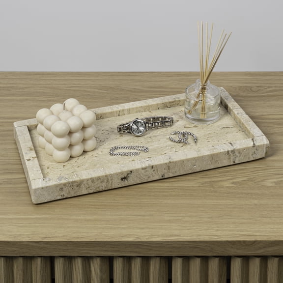 happimess Luxe Stone 12" x 6" Classic Minimalist Rectangular Marble Bathroom Countertop Tray, Travertine