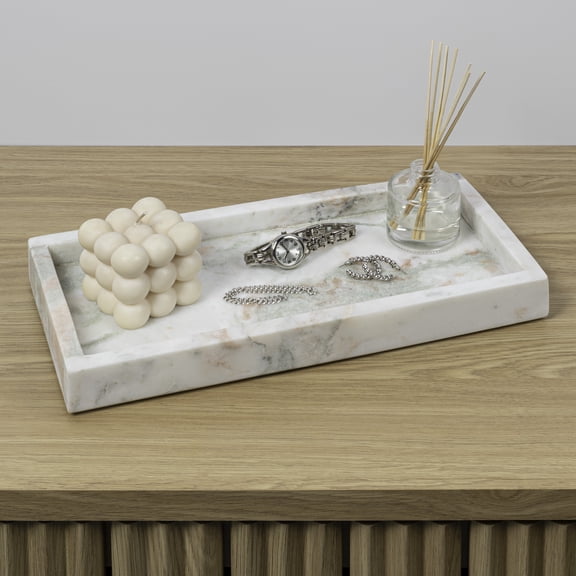 happimess Luxe Stone 12" x 6" Classic Minimalist Rectangular Marble Bathroom Countertop Tray, White/Beige, TRY4001E