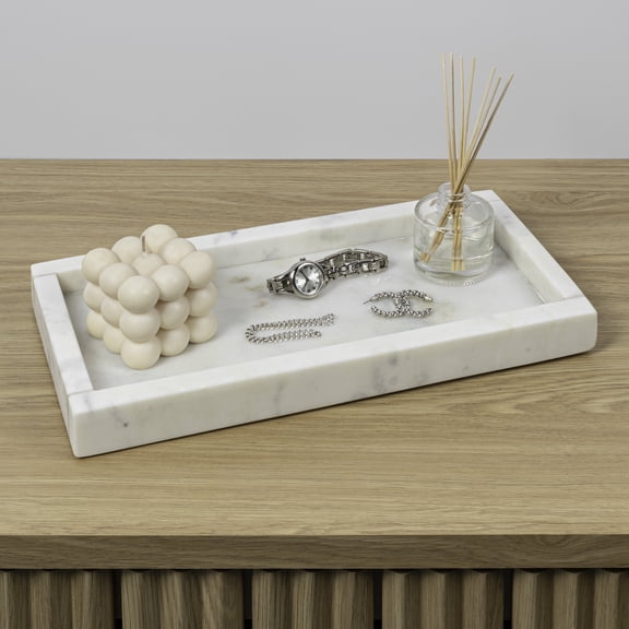 happimess Luxe Stone 12" x 6" Classic Minimalist Rectangular Marble Bathroom Countertop Tray, White