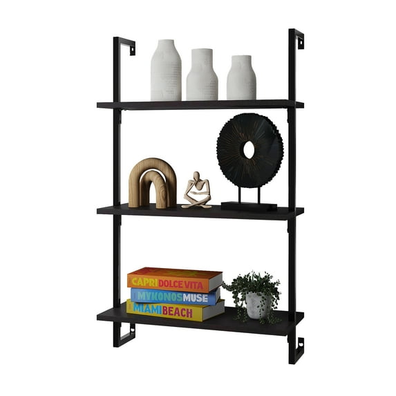 happimess MSH1000A Madera 40.55" Classic Industrial 3-Shelf Wood Wall-Mounted Open Ladder Bookcase with Metal Frame, Black