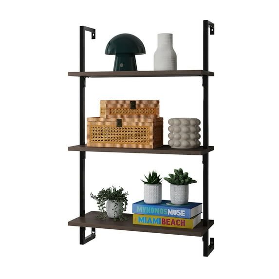 happimess MSH1000C Madera 40.55" Classic Industrial 3-Shelf Wood Wall-Mounted Open Ladder Bookcase with Metal Frame, Brown/Black