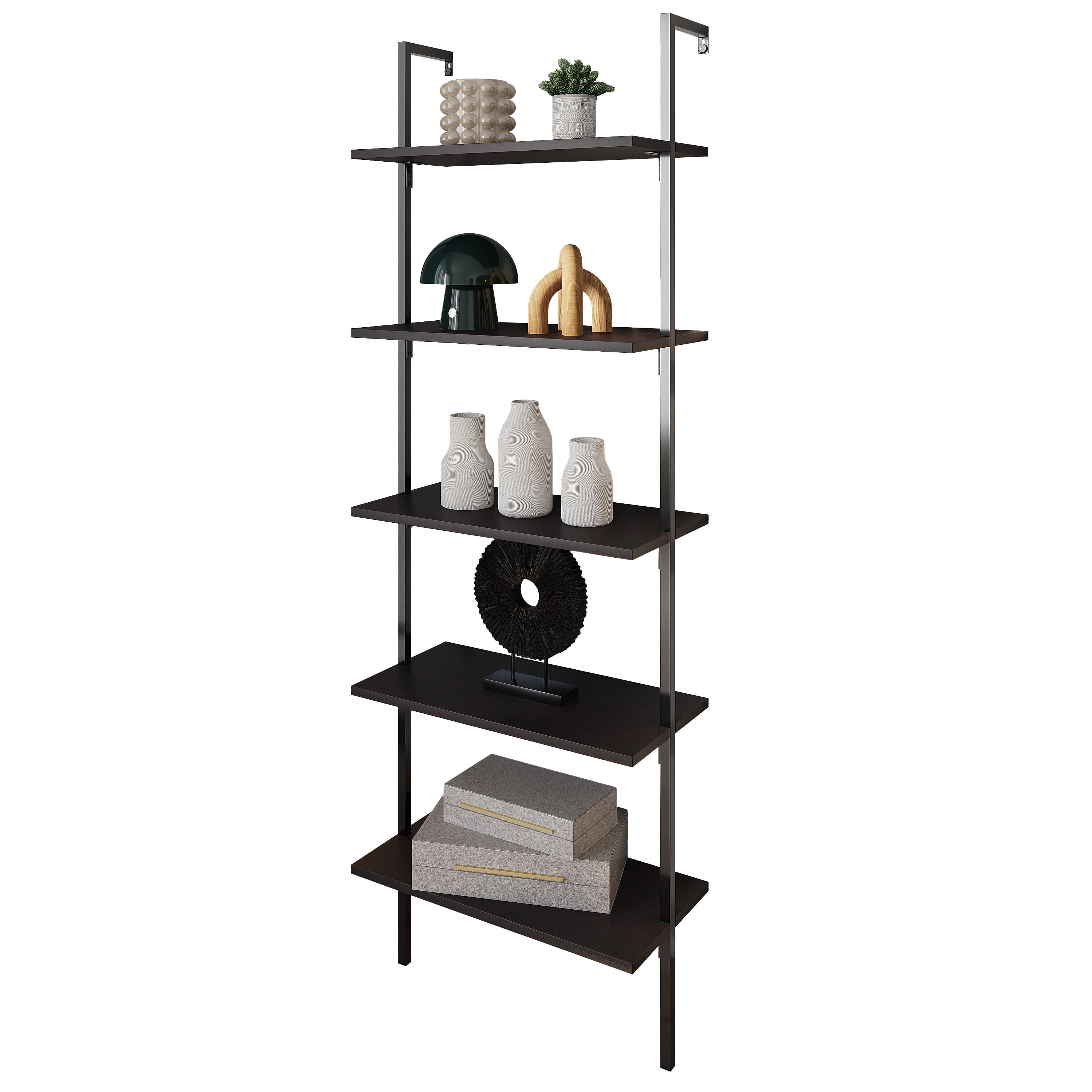 Madera Tall Black Wood and Metal Ladder Bookcase with 5 Shelves