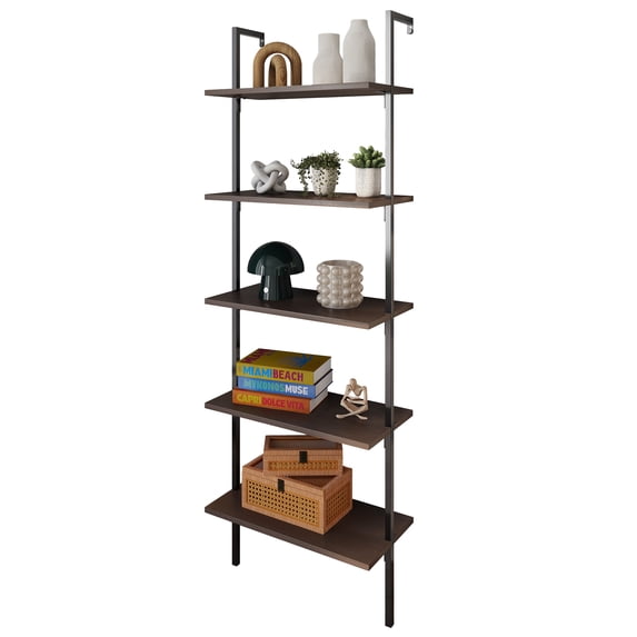 happimess Madera 72.05" Classic Industrial 5-Shelf Wood Wall-Mounted Open Ladder Bookcase with Metal Frame, Brown/Black