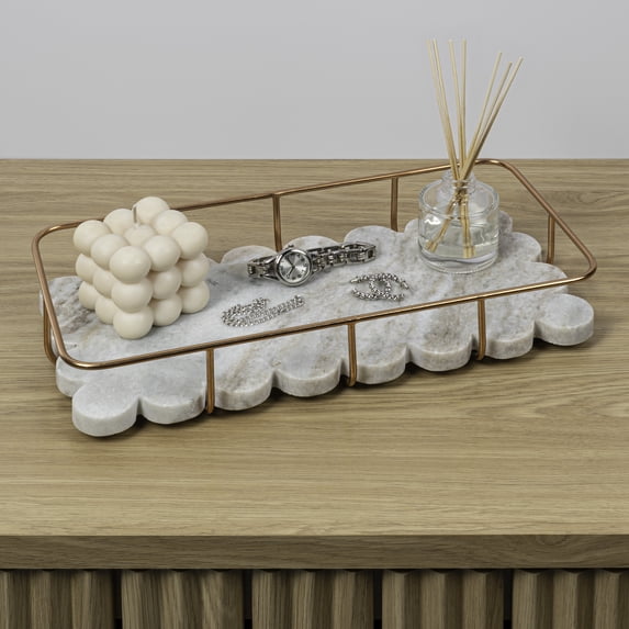 happimess Monarch 12" x 6" Modern Industrial Metal/Marble Scalloped Base Vanity Tray, Beige/Rose Gold