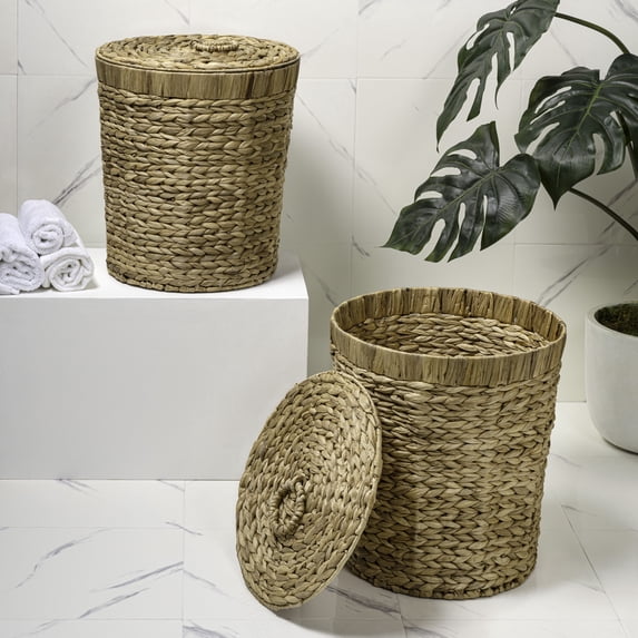 happimess Nora Coastal Bohemian Handwoven Water Hyacinth 5.7-Gallon Tapered Round Wicker Waste Basket with Lid, Natural (Set of 2)