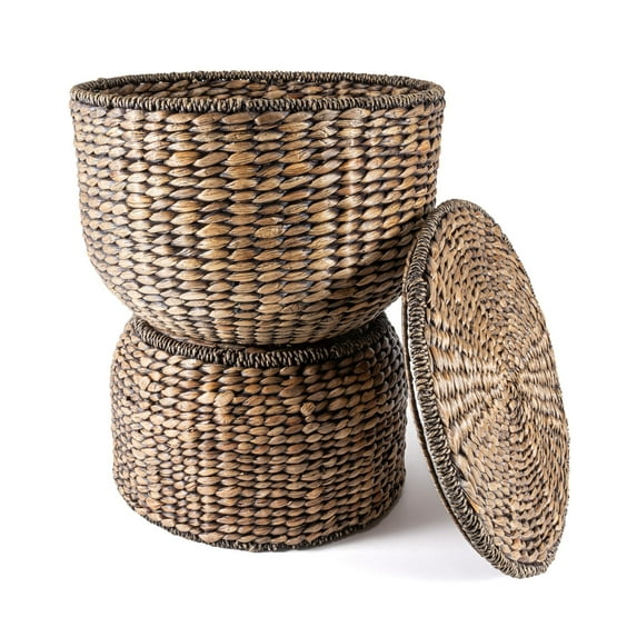 happimess SAT1000B Bhola 18" Hourglass Handwoven Hyacinth Storage Accent Table with Lid, Brown Wash